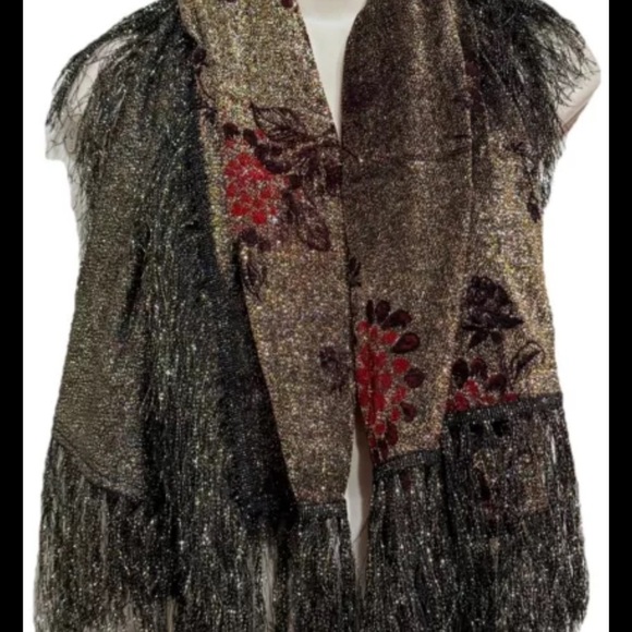 Vintage Gold Shimmery Scarf Red & Brown Floral Print Shimmery Gold Black Fringe - Picture 2 of 11